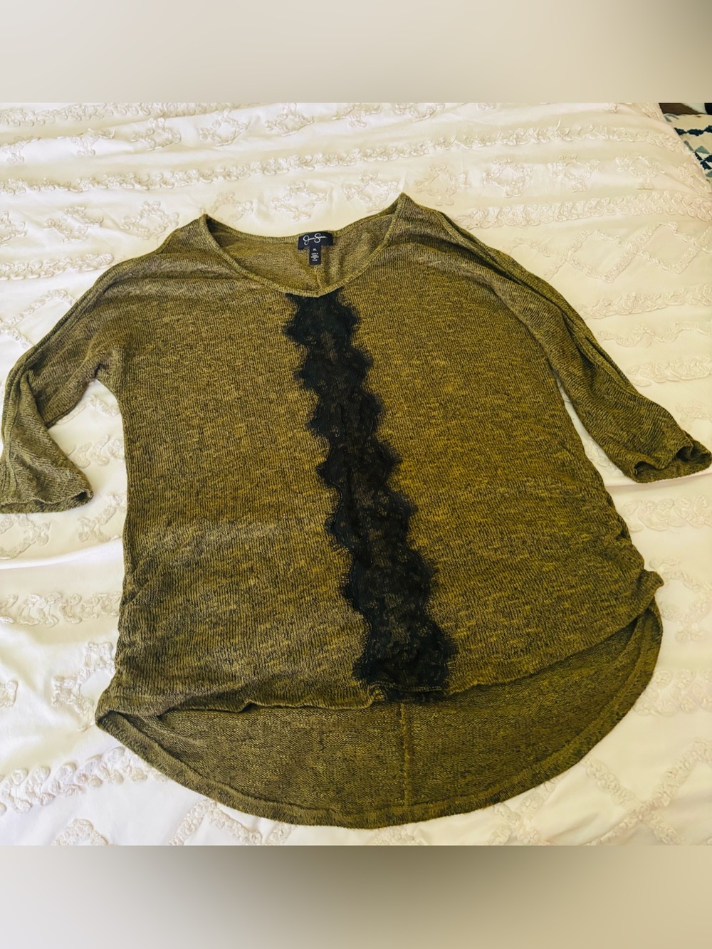 Jessica Simpson Olive Green V-Neck Top with Black Lace Trim
